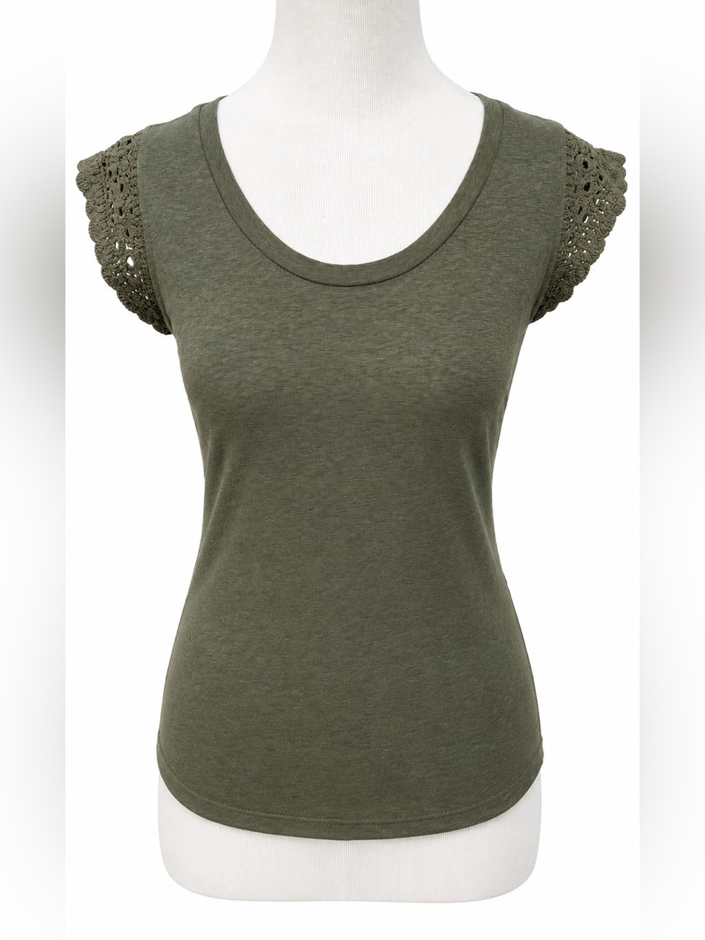 LOFT Olive Crochet Cap Sleeve Scoop Neck Top SP